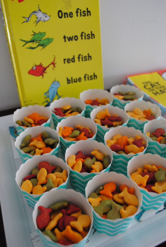 Dr Seuss party- Goldfish for One Fish, Two Fish, Red Fish, Blue Fish.