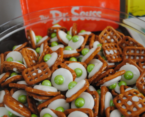 Dr Seuss party Green Eggs with Ham chocolate pretzel snack