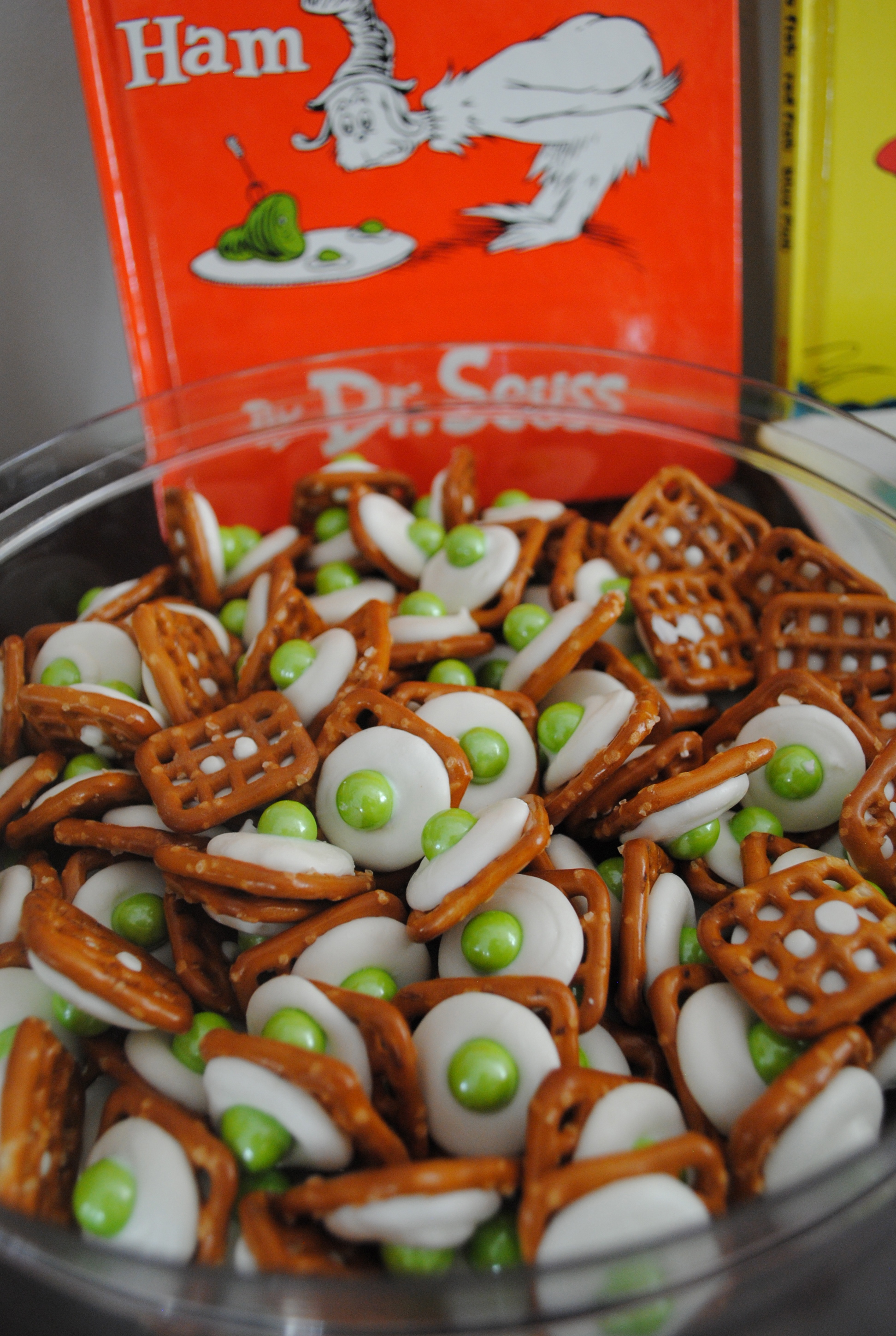 Dr Seuss party Green Eggs with Ham chocolate pretzel snack
