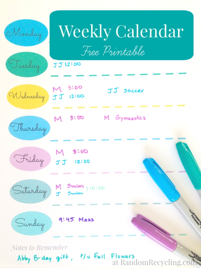 Free Printable Weekly Calendar - Emily Roach Health Coach