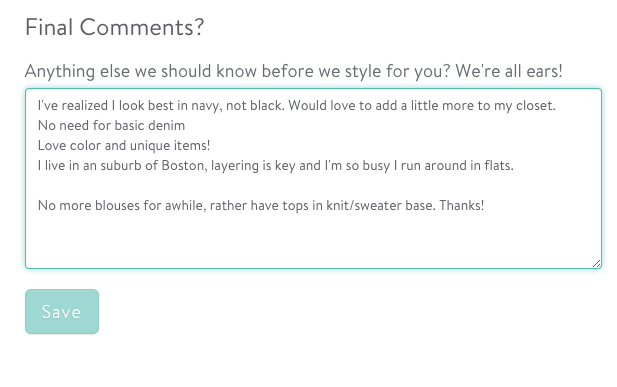 Use the StitchFix checkout area to give specific feedback about your box.